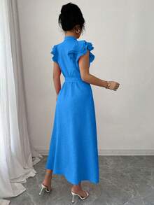 Elenzga Váy sơ mi nữ tay bèo nhún ve trơn màu mới, thắt eo - Màu xanh lam - Xem 2