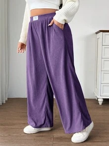 SHEIN EZwear 大码女式高腰宽松阔腿裤，抓绒面料，带口袋和贴布设计，适合校园、日常穿着、室内工作、秋冬季节，紫丁香色 - 紫丁香色 - 查看 3