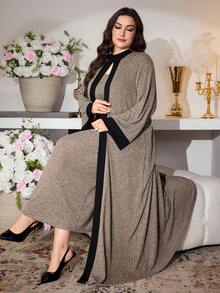 Modelyn 针织罗纹撞色开衫搭配无袖连衣裙，优雅时尚浪漫修身大码两件套 - 棕色 - 查看 7