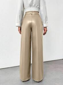 EURMUSE Prive Gold Button Detailed Straight Fit Leather Pants - Beige - View 2