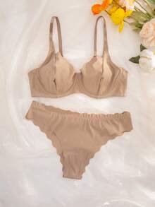 2 件套无缝纯色日常内衣套装 - 駝色 - 查看 3