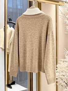 SHEIN PETITE CURVE Plus Size Gray V-Neck Colorblock Design Long Sleeve Sweater, Comfortable For Commuting