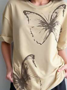 SHEIN Áo thun in hình bướm thường ngày cỡ lớn cho nữ, mùa hè - Màu be - Xem 1