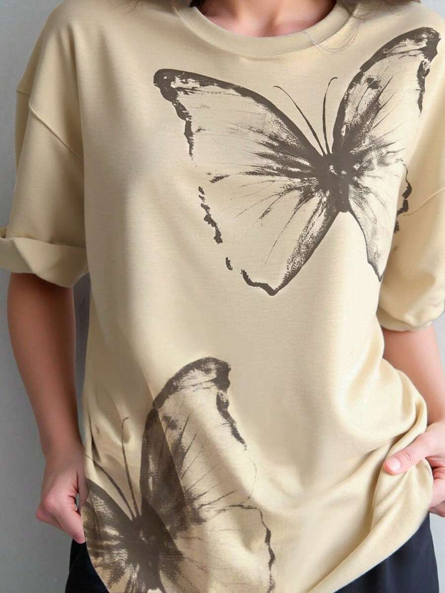 SHEIN Áo thun in hình bướm thường ngày cỡ lớn cho nữ, mùa hè - Màu be - Xem 1