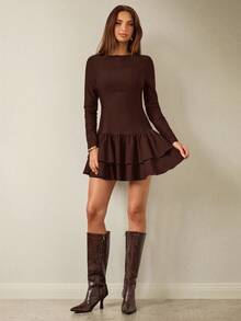 SHEIN BAE 纯色深棕色圆领长袖褶裥下摆休闲优雅女士迷你连衣裙，优雅连衣裙，约会连衣裙，生日迷你连衣裙，棕色连衣裙，秋冬季叠穿连衣裙 - 咖啡棕 - 查看 5