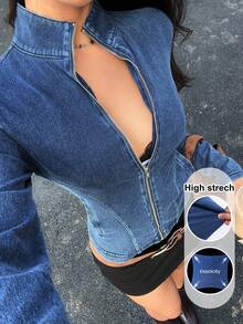 Siren Gaze 女士牛仔外套，拉链设计，瑜伽高领，修身剪裁，双口袋，运动外套，健身短款，百搭上衣 - 深色水洗藍 - 查看 1