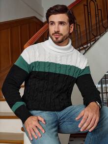 Manfinity Homme Men's Contrast Color Turtleneck Loose Fit Sweater, Autumn/Winter - Multicolor - View 5