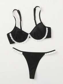 Contrast Lace Underwire Bra & Thong Lingerie Set, Kawaii - Black - View 4