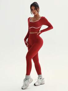 Dewbera Conjunto Esportivo Sem Costura Feminino, Top de Manga Longa com Listras Contrastantes e Legging Justa com Cintura Contrastante