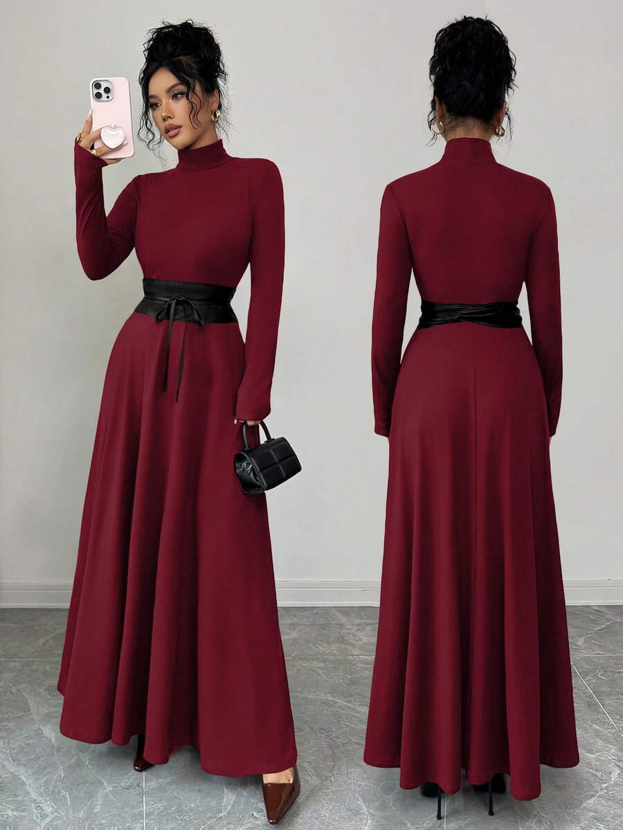 SHEIN Elenzya 女士奢华纯色长款针织连衣裙,半高领设计,修身剪裁,腰带装饰,凸显身材,复古优雅,适合日常、约会、晚宴、情侣装,秋冬内搭,春季外穿。 - 紅色 - 查看 1