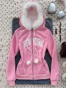 CovetEZ Áo sweatshirt nữ mùa Thu/Đông mới về, kiểu dáng Clean Girl ngọt ngào, thoải mái, ấm áp, chủ đề Giáng sinh, in chữ New York dễ thương, có lớp lót giữ nhiệt và cổ áo phối màu, màu hồng. - Hồng - Xem 1