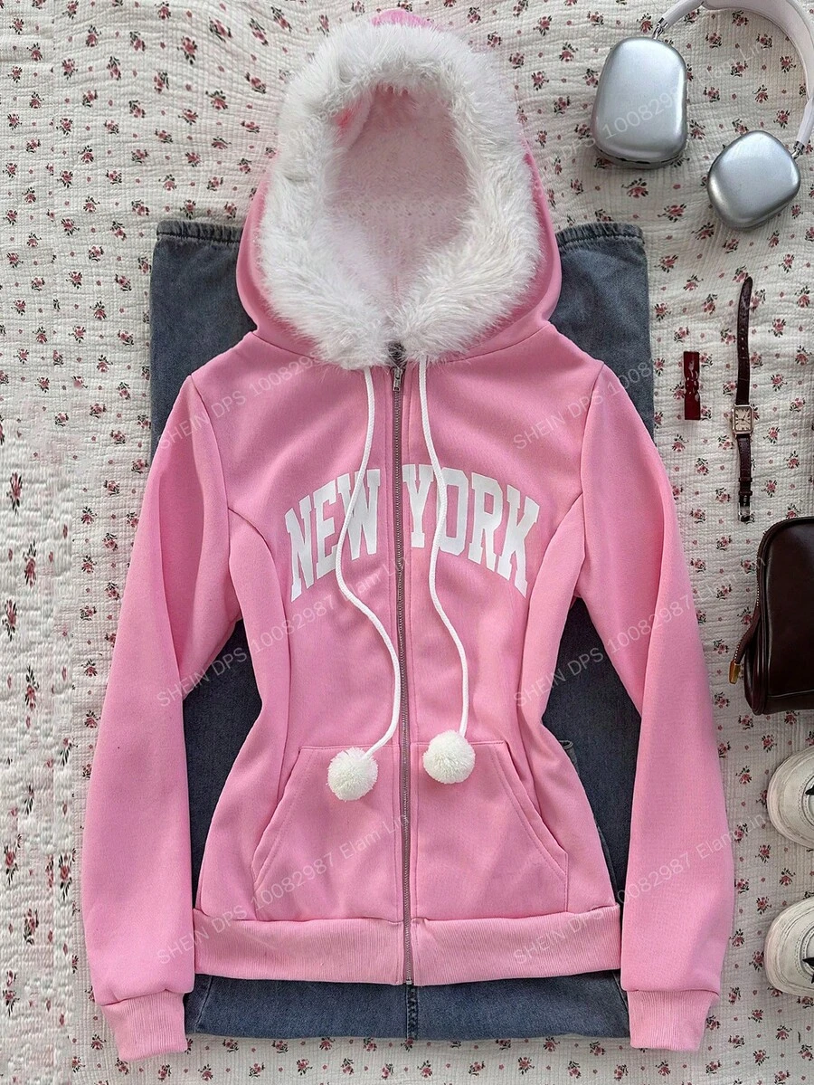 CovetEZ Áo sweatshirt nữ mùa Thu/Đông mới về, kiểu dáng Clean Girl ngọt ngào, thoải mái, ấm áp, chủ đề Giáng sinh, in chữ New York dễ thương, có lớp lót giữ nhiệt và cổ áo phối màu, màu hồng. - Hồng - Xem 1