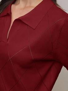 BizChic 2026春夏新款纯色不规则菱形Polo领短袖针织衫，时尚优雅，适合都市通勤、日常百搭，90年代复古风，圣诞新年必备，浪漫情人节派对、海滩毕业典礼、嘉年华、假日休闲简约风，适合婚礼宾客、主人、约会、派对、音乐会、早午餐、机场等多种场合。 - 紅色 - 查看 3