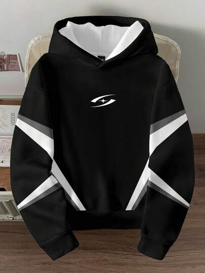 Manfinity Joysei 大码撞色星标徽章印花休闲套头连帽衫，宽松加厚抓绒卫衣，街头风，适合送给男朋友