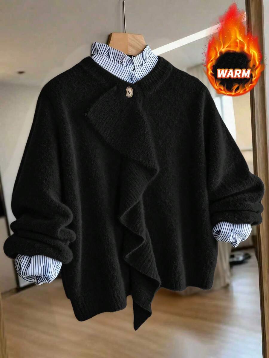 Franclia Áo len cardigan cổ bẻ phối bèo nhún trẻ trung, đơn giản, thời trang, thanh lịch dành cho nữ, mùa thu/đông - màu đen - Xem 1