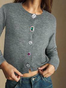 Maija Damski kardigan z metalowymi guzikami z przodu, dzianinowy sweter na miejskie dojazdy, biznesowy casual, strój do biura, elegancki strój, przyjęcie bożonarodzeniowe i noworoczne, podstawowa odzież wierzchnia