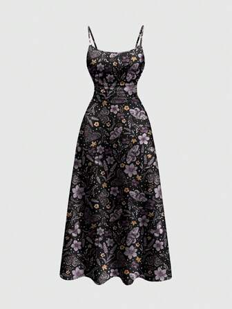 Goth Sexy Urlaubs Floral Blau & Lila Sonne, Mond, Stern, Schmetterling Träger A-Linie Raffung Damen Kleid