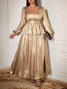Roveilla Plus Size Women's Gold Elegant Wedding Dress,Autumn Metallic Pleated Blouse & A-Line Loose Maxi Skirt 2 Pieces Set,Luxury Party Evening Gown,Bronze - Gold - View 7