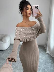 Rafferiza 女士纯色蝴蝶结长袖弹力修身露肩针织连衣裙，法式优雅珍珠装饰露肩大翻领针织连衣裙，秋冬针织长裙，返校季针织连衣裙，音乐节，圣诞节，仙女装，秋季婚礼宾客连衣裙 - 卡其色 - 查看 6