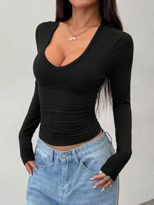 SHEIN PETITE 2pcs/Set Women Deep V-Neck Tight Long Basic Long Sleeve T-Shirt & Pullover Set, Suitable For Autumn/Winter - Black and White - View 8