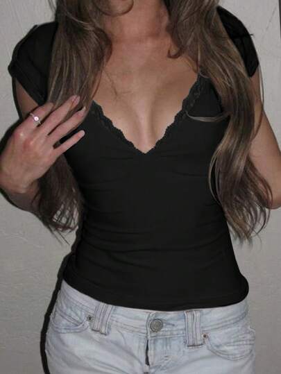 Rina Fox Women's Solid Color Contrast Lace Deep V Neck Fitted Sexy Fashion T-Shirt