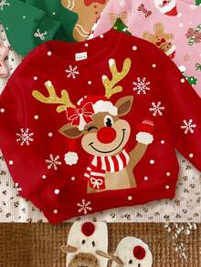 3 Stücke Baby Mädchen Weihnachts-Rentier, Schleife Lebkuchen, Weihnachtsmann, Weihnachtsbaum Grafik lässige weite dicke weiche bequeme Rundhals Langarm Sweatshirts, geeignet für Herbst/Winter Alltag, Weihnachten, Straßenmode, Zuhause - Verschiedenfarbig - Übersicht 6