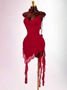 Amplova Women's Mid-Length Dress With Draped Neckline, Drawstring, Ruffle Trim, Flounce Hem, Spaghetti Straps, Backless, Floral Print, Fashionable & Sexy Red Dress Rouche Dress - Bright Red - View 8