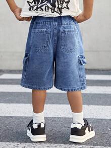 SHEIN Young Boy Street Cool Distressed Stonewashed Loose Fit Dark Grey Denim Cargo Shorts With Multiple Pockets,For Streetwear - Dark Wash - View 2