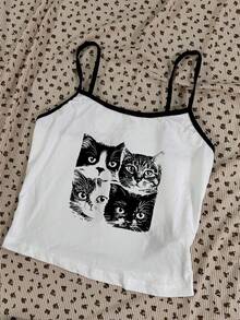 Attitoon 3件套可爱猫咪印花、音乐节明星、西部牛仔牛头字母图案休闲纯色吊带背心，黑/白/灰/咖啡色可选，修身圆领女式上衣，适合夏季穿着 - 彩色 - 查看 6