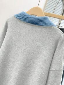 SHEIN PETITE CURVE 大码灰色V领撞色长袖针织衫，通勤舒适 - 淺灰色 - 查看 5