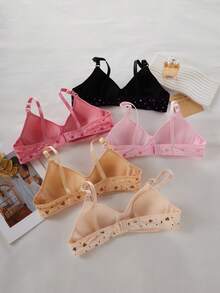 Teen Girls Bras And Bralettes-Wireless Heart Print Bra Set Pack Of Five Cute Pastel Black Pink Beige White Everyday Comfort Removable Padding Adjustable Straps No Underwire Youth Intimates Loungewear All Season Holiday 2026 Must Have - Multicolor - View 2