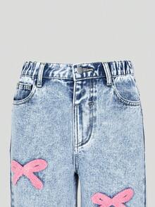 SHEIN ChillGRL Quần Jeans Denim Cho Bé Gái Tuổi Teen, Phong Cách Y2K Thêu Nơ Hồng, Ống Rộng Rộng, Chất Cotton Thoải Mái, Thích Hợp Mặc Hàng Ngày, Đi Học Và Đi Làm, Mọi Mùa - Rửa nhẹ - Xem 3