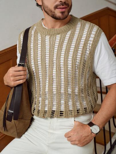 Manfinity Homme Casual Solid Color Hollow Out Knitted Vest, Spring/Summer Men Sleeveless Knit Top Men Mesh Knit Top Men Crochet Top Men Summer Knit Top Men Loungewear Top Men Mesh Top Men Sleeveless Top Men Knit Top Men Summer Top Mesh Men Top Sleeveless Sweater Men Knit Vest Men Knitted Top Men Men Vest Sweater