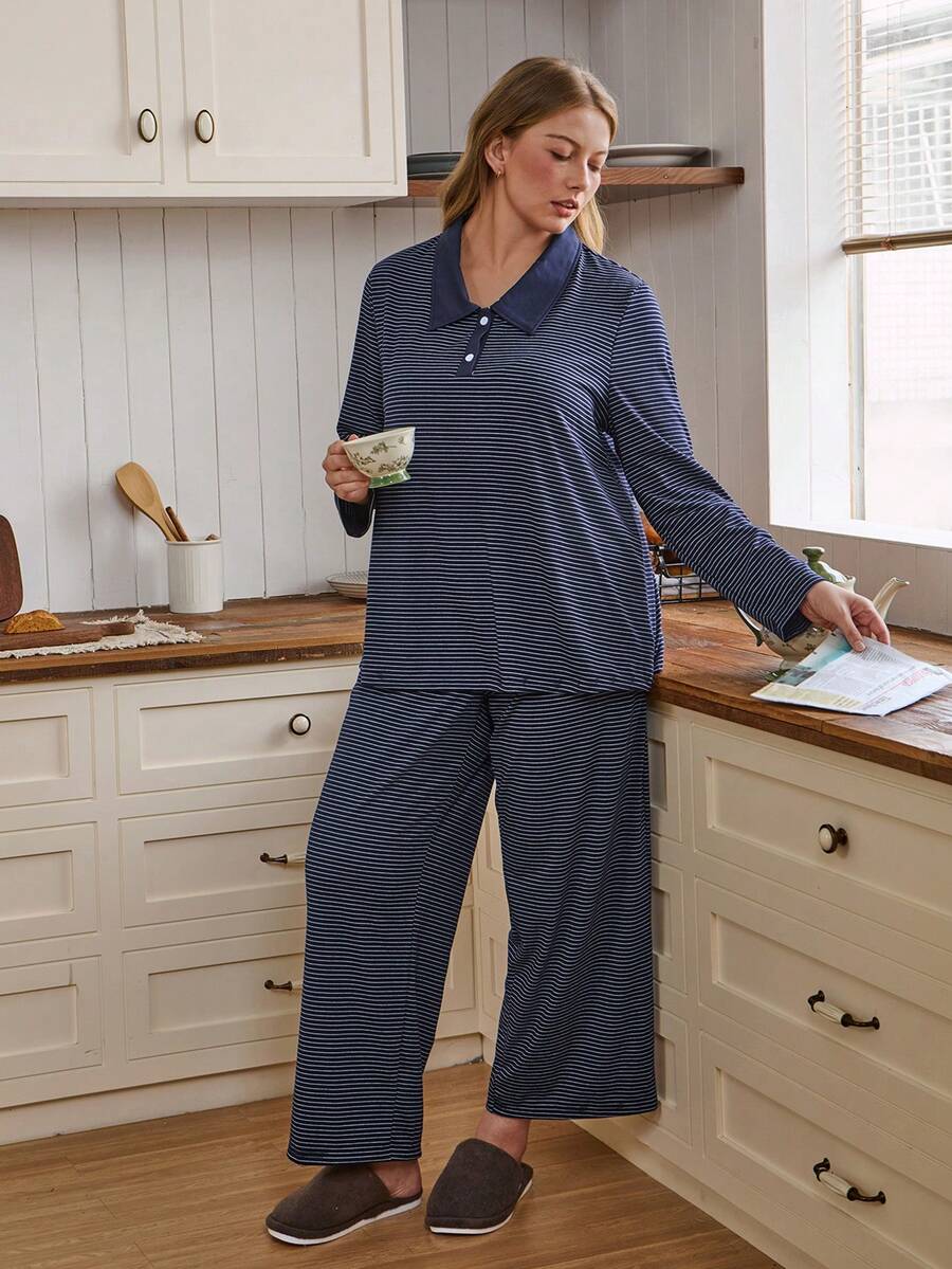 Doze Lane Plus Size Casual Striped Contrast Color Polo Collar Long Sleeve Pajama Set Striped Pajama Set Blue Pj Set Women Knit Pajama Set - Multicolor - View 1
