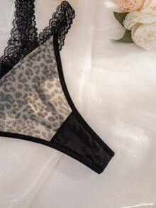 SHEIN Lace Patchwork Leopard Print Mesh Big Bow Thong Panties Bowknot ClassicAnimalPrint - Multicolor - View 7