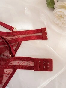 Heart Pattern Mesh Racerback Underwire Nightgown, Sexy For Going Out - Red - View 3