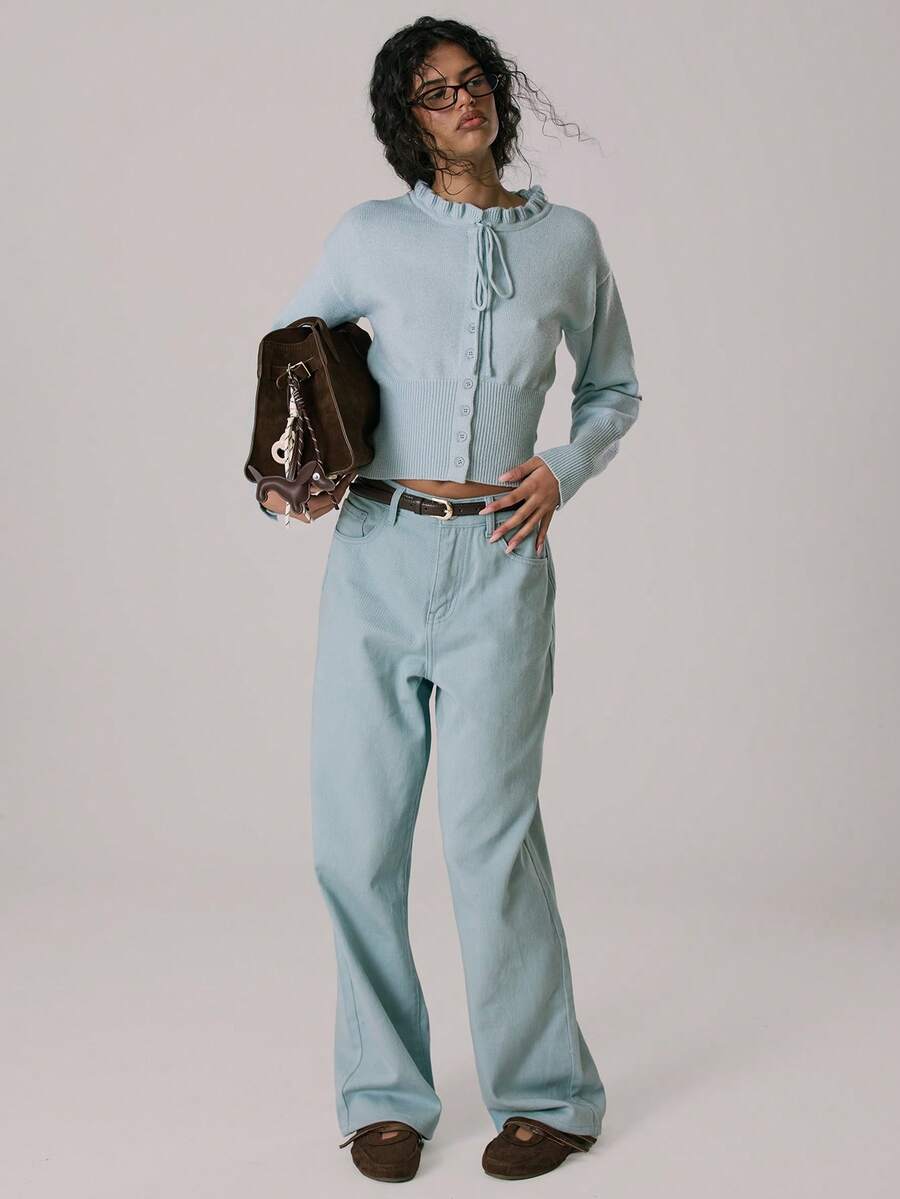 MUSERA High Waist Straight Leg Blue Wash Denim Jeans Casual Cute Winter Cosy Coco Cloud - Baby Blue - View 1