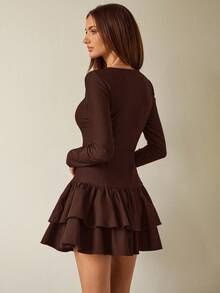 SHEIN BAE 纯色深棕色圆领长袖褶裥下摆休闲优雅女士迷你连衣裙，优雅连衣裙，约会连衣裙，生日迷你连衣裙，棕色连衣裙，秋冬季叠穿连衣裙 - 咖啡棕 - 查看 2