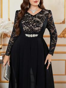 Ellevyn 大码女式撞色蕾丝V领长袖优雅连体裤 - 黑色 - 查看 7