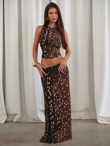 Aloruh Bộ 2 món mới dành cho nữ: Áo không tay họa tiết hươu & Chân váy dài nhún eo thấp, phong cách cổ điển lãng mạn gợi cảm thanh lịch - Nhiều màu - Xem 6