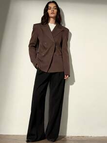 Aveloria Modichic Women's Double-Breasted Wide Shoulder Lapel Long Sleeve Blazer - Coffee Brown - View 3