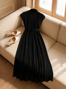 GlowEve Elegant Cinched Waist High Neck A-Line Long Knit Dress For Women, Flattering Fit, Spring/Summer - Black - View 2