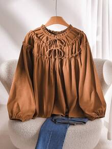 CosyJoli Plus Size Women's Solid Color Frill Trim Front Tie Long Sleeve Fashionable Blouse Coffee Brown Top Lantern Sleeve Blouse Brown Blouses - Brown - View 5