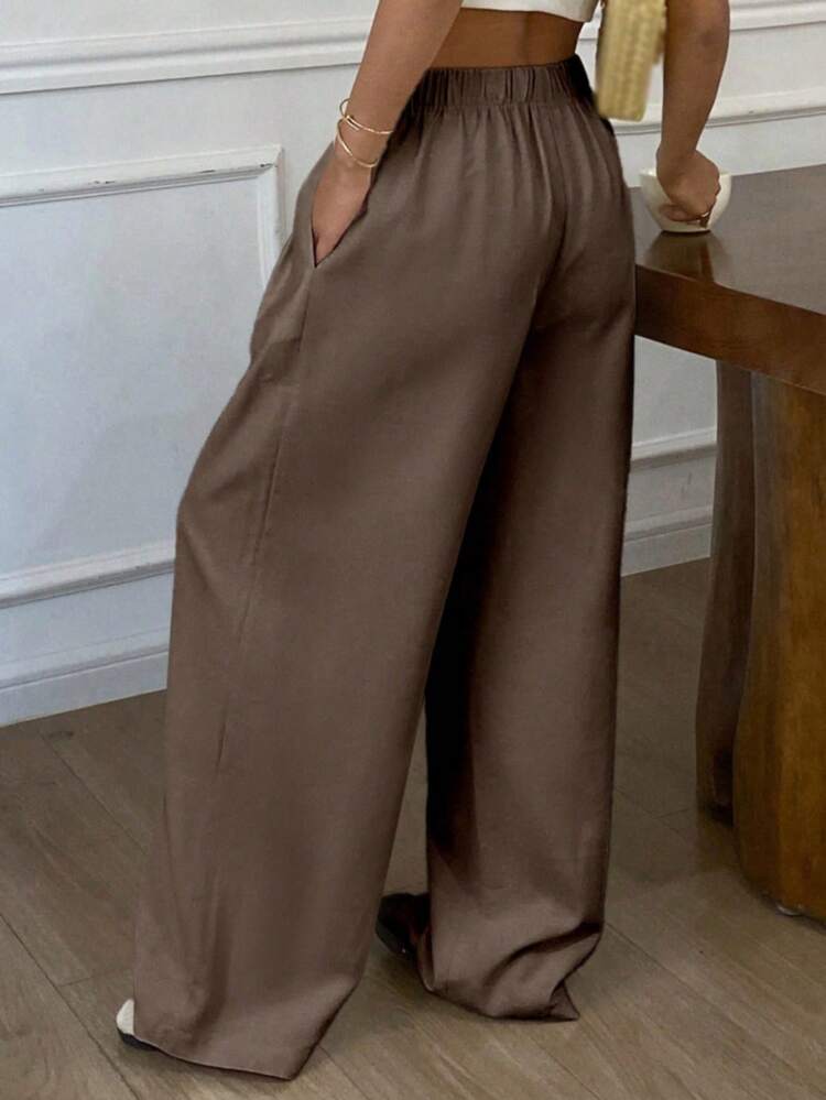 Women's Loose Straight Pants, Solid Color With Drawstring Contrast Waist Cord, Casual City Wear Long Trousers