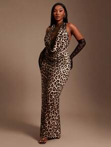 Radiana Women's Multicolor Plus Size Leopard Print Sleeveless Knitted Fabric Bodycon Maxi Dress With Stand Collar - Multicolor - View 6