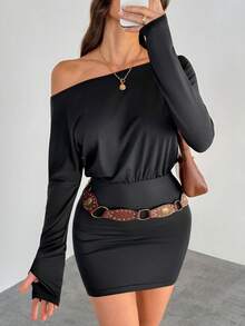 SHEIN Tall Vestido corto de manga larga y unicolor sexy y de moda para mujer - Negro - Ver 1