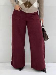 NegzBox Pantaloni casual dritti e larghi in velluto a coste di colore unito, adatti per l'autunno/inverno - Bordò - Visualizzare 3