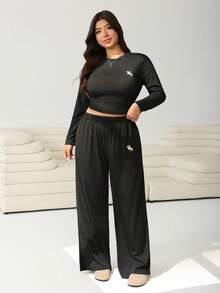 SHEIN EZwear Plus Size Casual Short Long Sleeve Top And Loose Pants 2 Pieces Set - Black - View 6