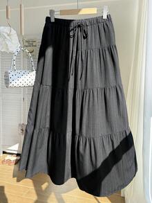 Comfortcana 大码休闲宽松松紧腰荷叶边下摆 A 字裙 - 黑色 - 查看 4