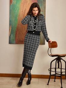 Hansera 2pcs Knit Set: Elegant Round Neck Long Sleeve Top With Pockets & Bodycon Skirt,Elegant Party ,Black ,New Year - Black - View 5